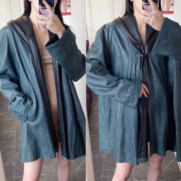 Vintage Hooded Green Leather Poncho: Oversized 90s Cape Coat (3XL) - Picture 2 of 8